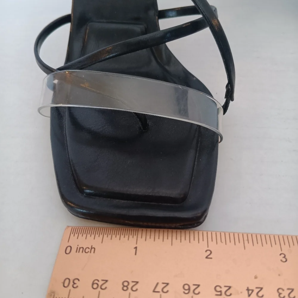 Aldo Sandals Women's Size 8 Juliet Heeled Black Straps Clear Toe Band Square Toe - Picture 5 of 12